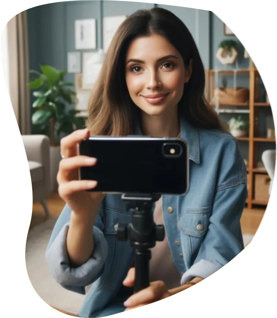 A content creator filming herself with a phone on a tripod