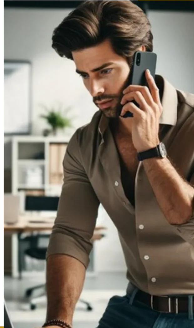 A manager on a phone call while working on a laptop
