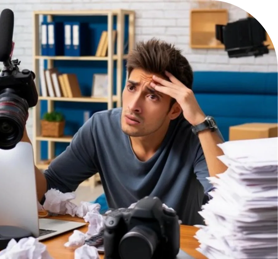 A stressed creator at a desk buried in paperwork and camera gear