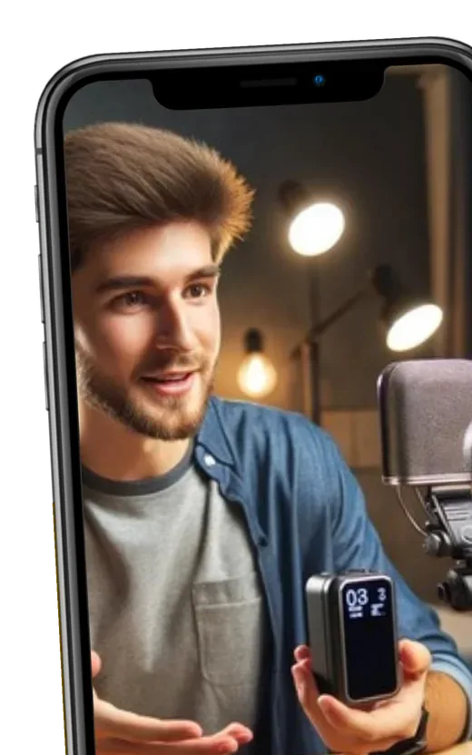A creator presenting a gadget, seen on a phone screen
